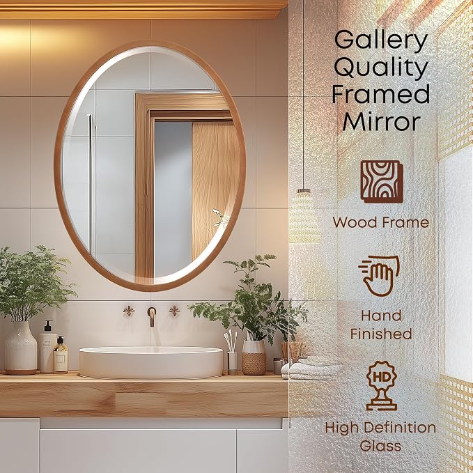 OVALCREST - Oval Wooden Beveled Wall Mirror for Home Decor, Bathroom, Vanity, Bedroom, Living Room, Hallway - London Style (Sunset Gold) 17.1 x 13.1