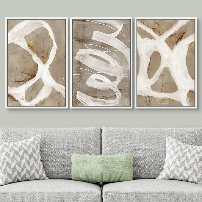 SIGNWIN Framed Canvas Print Wall Art Set White Brown Pastel Paint Strokes Shapes Abstract Illustrations Modern Art Decorative Nordic Chic Calm/Zen for Living Room, Bedroom, Office - 16"x24"x3 White
