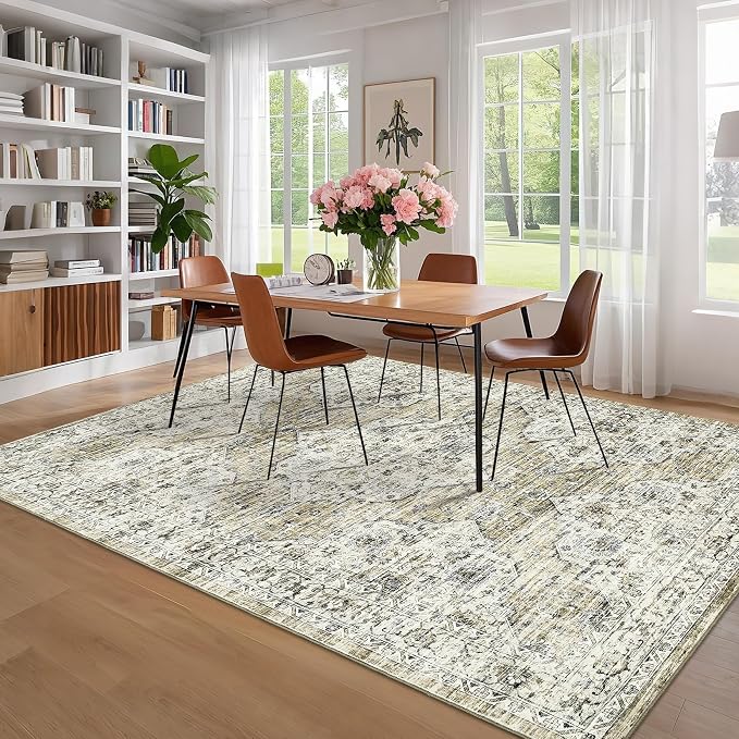 8x10 Washable Vintage Distressed Oriental Large Rug Soft Bedroom Carpet Non-Slip Low Pile Living Room Large Rug Retro Floral Floor Carpet for Farmhouse Home Decor Playroom, Brown Yellow