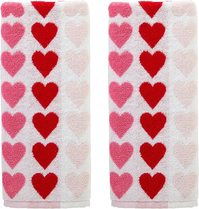 SKL Home Valentine's Tonal Hearts Jacquard 100% Cotton Reversible 2pc Hand Towel Set, Decorative for Bath/Kitchen/Bar & Gift, Pink