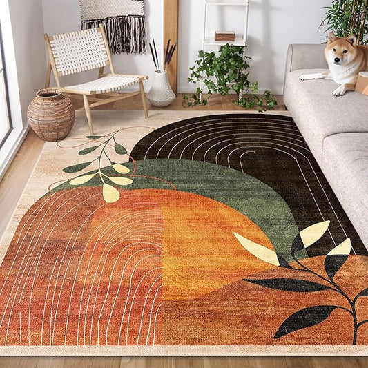 MUJOO 5x7 Area Rugs for Bedroom Living Room,Boho Washable Rug Non Slip Throw Carpet for Office Dining Room Indoor Mid Century Modern Abstract Botanical Geometric Accent Terracotta