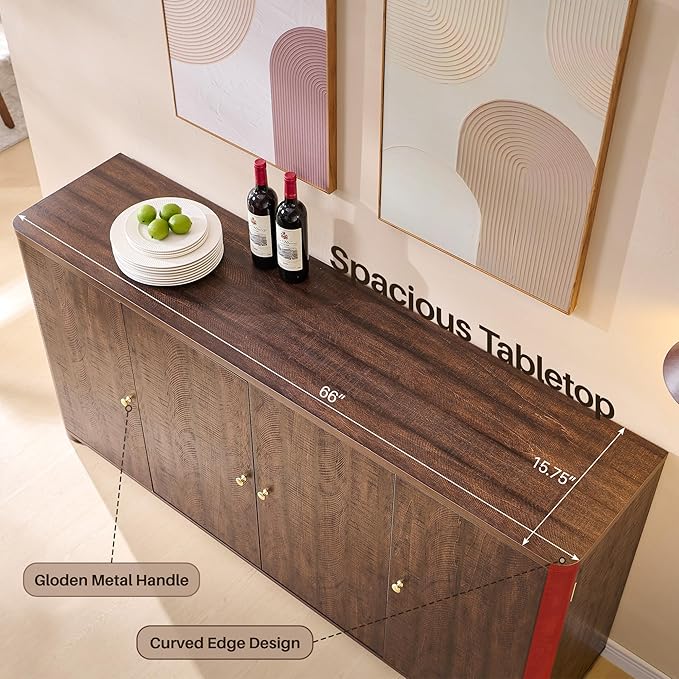 Curved Buffet Cabinet with Doors, 66" Large Sideboard Buffet Storage Cabinet with 4 Doors and Shleves, Modern Coffee Bar Station Wood Kitchen Table for Kitchen, Dining Room, Borwn