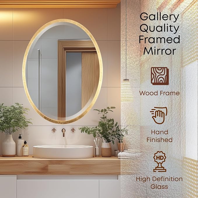 OVALCREST - Oval Wooden Beveled Wall Mirror for Home Decor, Bathroom, Vanity, Bedroom, Living Room, Hallway - London Style (Gold Leaf) 31.1 x 25.1