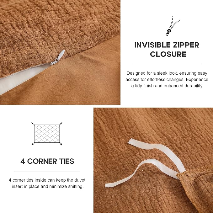 Simple&Opulence Linen Muslin Duvet Cover Set Twin Size, 3Pcs Rust Linen Cotton 3-Layer Gauze Minimalist Comforter Cover 68”x86”, Ultra Soft Breathable Seersucker Bedding Set with 1 Pillowcase