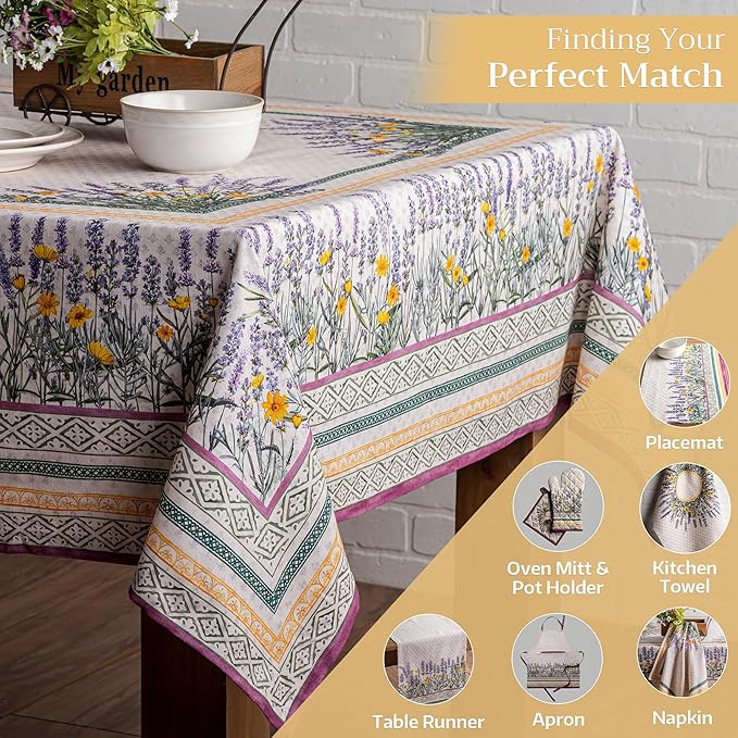 Maison d' Hermine Table Cloth Rectangle Table 100% Cotton 60 x 90 Inches Tablecloth Reusable Decorative for Dining Room Farmhouse Home Valentines Day Decorations Spring Summer - Fanny Lavender