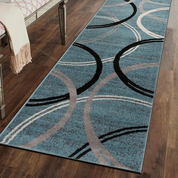 Rugshop Modern Wavy Circles Design Runner Rug, Carpet with Jute Backing for Hallway, Entryway, or Laundry Room, Blue, 2'7" x 6'