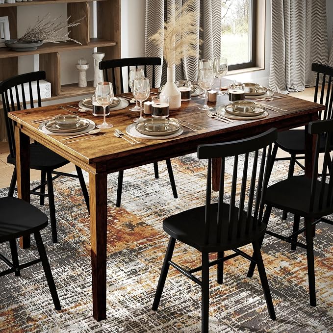 Merrick Lane Hayden 60" Solid Wood Dining Table with Tapered Wooden Legs, Seating for 6, Brown Matte