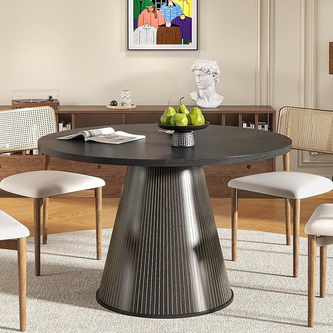 Round Dining Table for 4, Farmhouse Fluted Dining Kitchen Table, 47 Inch Modern Wood Small Circle Dining Table for Kitchen Living Room (Black, 47inch)