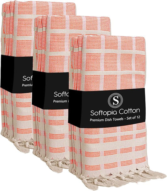 Matrix Dobby Kitchen Towels 12 Pack 100% Cotton, 16x26 Inches, Decorative Tea Towels with Handmade Tassels, Absorbent, Reusable Dish Cloths for Drying Dishes - Bright Orange, Natural