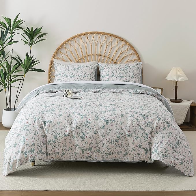 HoneiLife Floral Duvet Cover King - 100% Cotton Comforter Cover, Soft Botanical Bedlinen Set with Zipper Closure & Corner Ties,3-Piece Wildflower Comforter Cover Sets, Greenery
