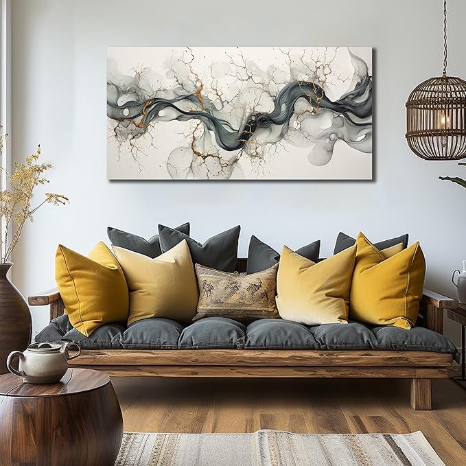 Abstract Wall Art for Living Room Black White and Gold Wall Decor for Office Modern Prints Wall Art for Bedroom Size 20 x 40 Inch