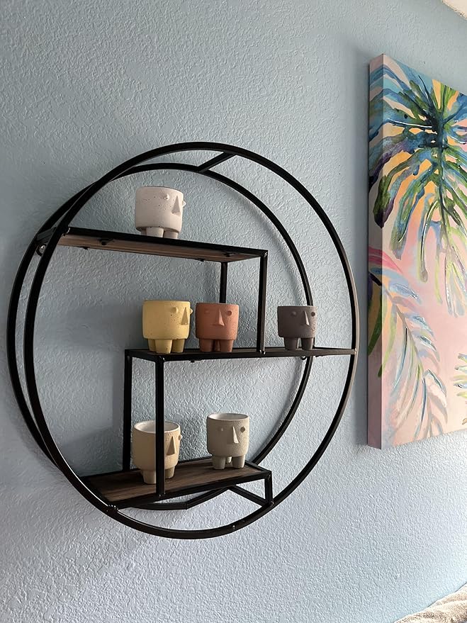 Admired By Nature, 18" Mounted Iron Circle Hanging Storage Shelving Floating Shelf 4 Tier Floating Circular Wall Decor Round Decorative Hanging Shelves, Sphere Shape Wall Shelf For Home, Black, 1 unit