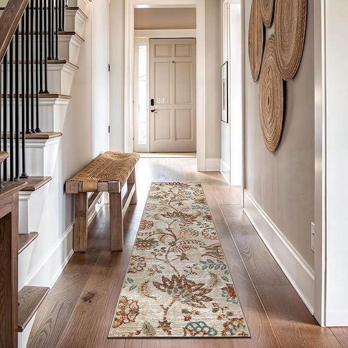 Rugshop Beige Floral Runner Rug- Vintage Botanical Indoor Carpet for Living Room, Bedroom, or Dining Room – Non-Shedding, Soft Low-Pile Traditional Runner Rug 2' 3" x 12'