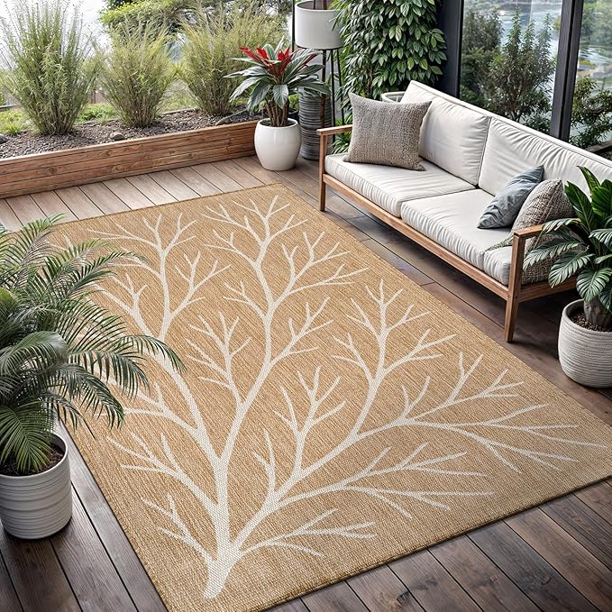Washable Indoor Outdoor Rug 6x9 Modern Area Rugs Branch Pattern Non Shedding Waterproof Easy Clean Patio Deck Porch Living Room Bedroom Garden RV (6 X 9 Natural)