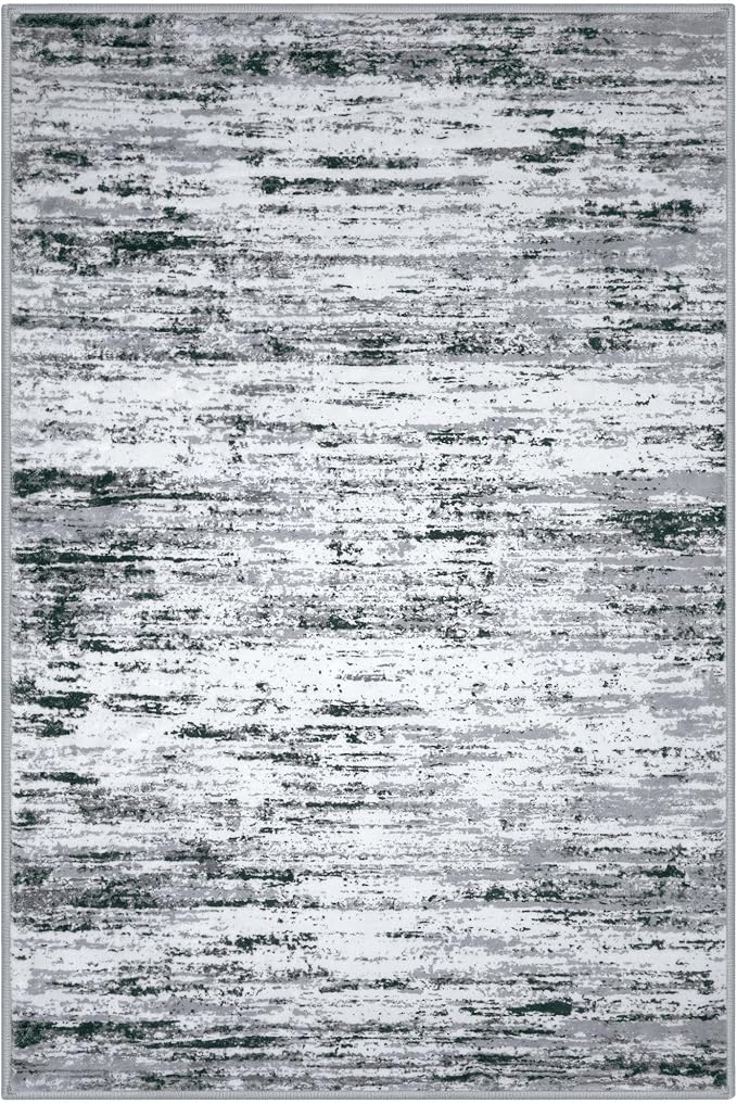 Lansny Modern Abstract Small Area Rug Indoor 3x5 Washable Rug Non-Slip Soft Entryway Rug Black Gray White Kitchen Mats Thin Print Faux Wool Floor Carpet Throw Rugs for Entrance Bedroom Home Decor