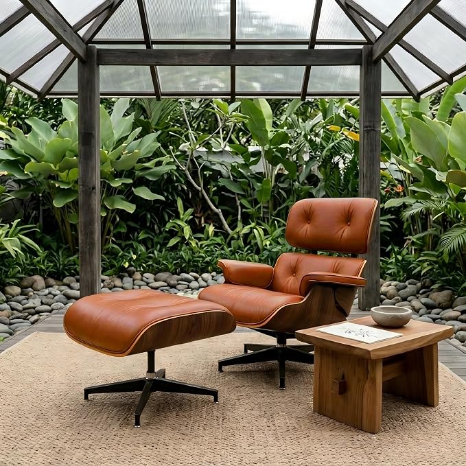 Mid Century Chaise Lounge Chair with Ottoman, Top Black Grain Leather, Modern Office Chair Classic Design, Heavy Duty Base Support for Living Room Study Lounge Office