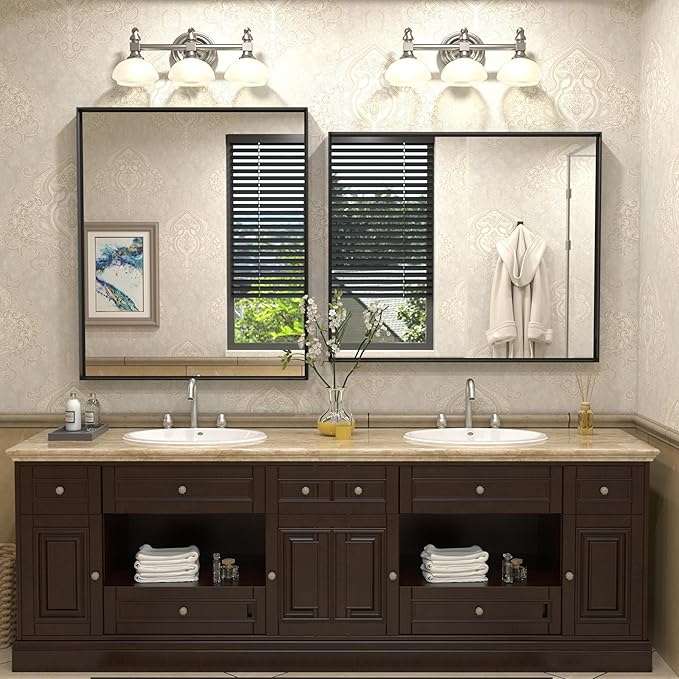 28x32 Inch Black Rectangle Bathroom Mirror, Matte Black Framed Vanity Mirror for Wall, Square Corner, Anti-Rust, Hangs Horizontally or Vertically