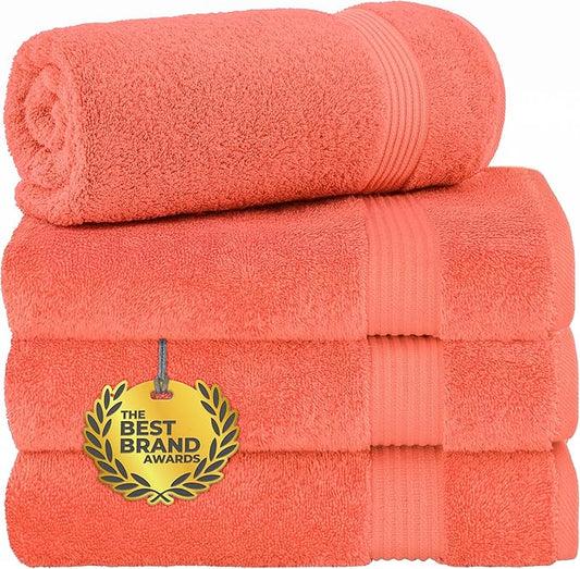 Cotton Paradise 4 Piece Turkish Bath Towels for Bathroom, 100% Cotton Extra Large Soft Plush Towels Bathroom Set, Coral