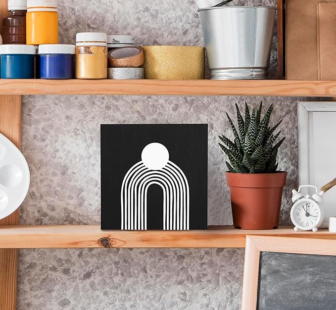 SRADMO Boho Sun Rainbow Abstract Geometric Balance Arch Shapes Wood Box Sign Desk Decor, Black Boho Mid Century Modern Art Wooden Box Sign Decor for Home Office Shelf Table Decorative Accessories
