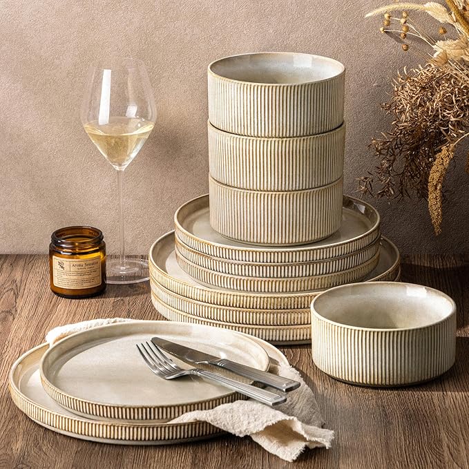 GBHOME 12-Piece Stoneware Dinnerware Set for 4 – Ribbed Ceramic Plates and Bowls, Scratch-Resistant, Microwave & Dishwasher Safe, Reactive Glaze, Cappuccino