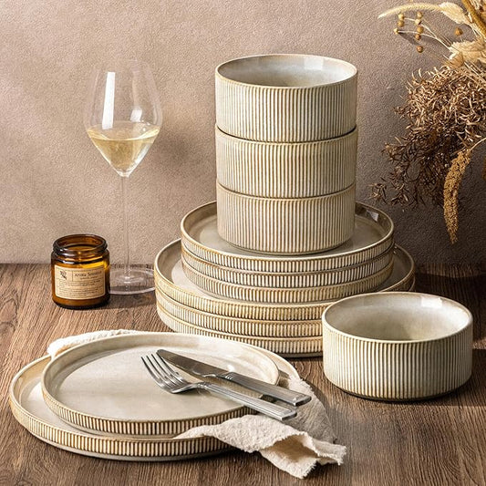 GBHOME 12-Piece Stoneware Dinnerware Set for 4 – Ribbed Ceramic Plates and Bowls, Scratch-Resistant, Microwave & Dishwasher Safe, Reactive Glaze, Cappuccino