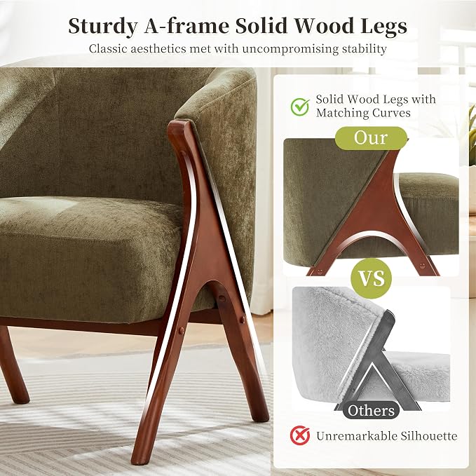 Merax Mid-Century Modern Accent Chair with Solid Wood A-Frame & Wrap-Around Backrest, High-Density Foam Cushion & Rounded Edges for Living Room, Reading Nook, Lounge Area (Green+Walnut)