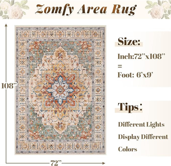 Area Rug 6x9 Vintage Rug: Washable Indoor Medallion Rugs Low Pile Distressed Floor Carpet Retro Accent Rug for Living Room Bedroom Kitchen Dining Table Home Office(Green/Yellow, 6'x9')
