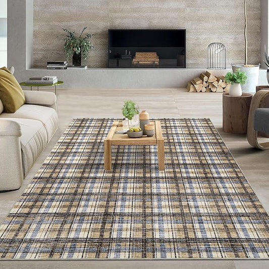 Washable Rug 9x12 Area Rug for Living Room Modern Bedroom Rug Large Area Rug Non Slip Throw Rugs Soft Low Pile Stain Resistant Carpet for Dining Room Department Dorm, 9'x12' Blue&Camel