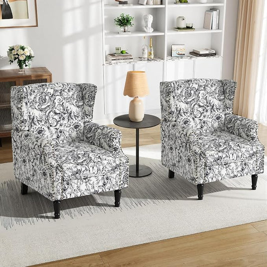 Pia Ricco Set of 2 Floral Accent Chairs, High Back Upholstered Armchairs with Retro Wingback Design, Nailhead Trim & Solid Wood Legs for Living Room Bedroom Home Office(Rococo Black)