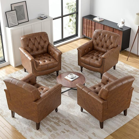 Lumibee Faux Leather Accent Chairs Set of 4, Upholstered Armchairs with Nailhead Trims & Wood Legs for Living Room, Bedroom, Contemporary Comfy Club Chairs for Office-Brown