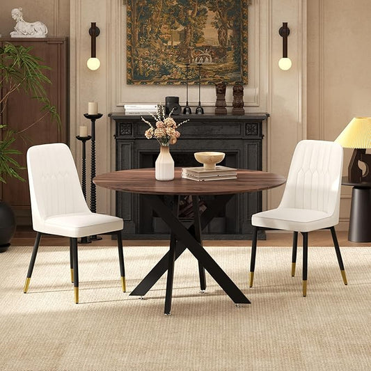 RGZ Mid Century Walnut Round Dining Table Set for 2, 36" Small Wooden Circle Kitchen Table & 2 White PU Leather Kitchen Chairs, Dinner Table Set for Home, Apartment, Dining Room