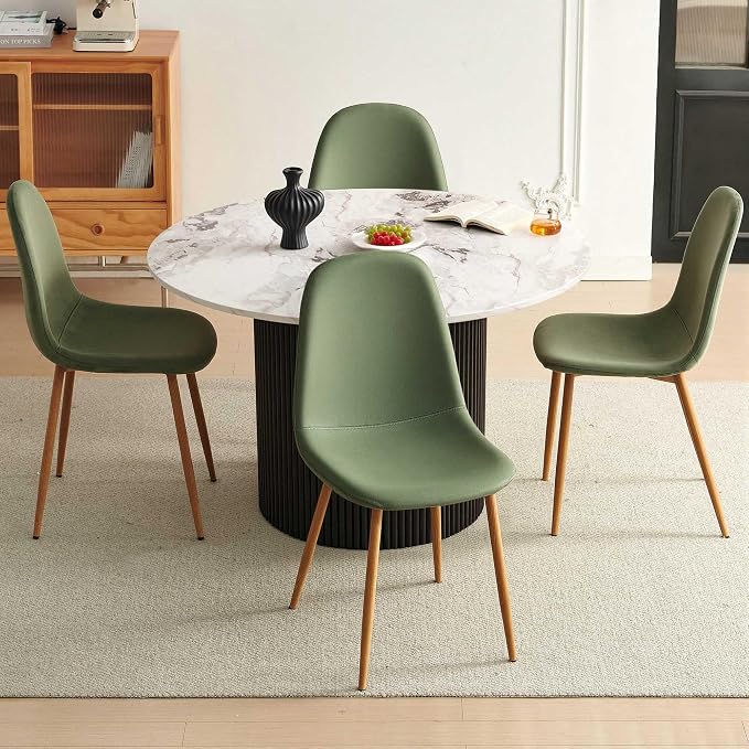 Dining Table Set for 4, Mid Century Modern 47 Inch White Marble-Look Wooden Round Dining Table Set, Space Saving (Table + 4 Green Chairs)