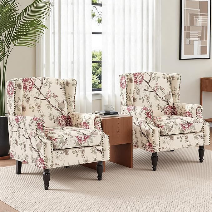 Wingback Chairs Set of 2, High Back Floral Accent Chair in Fabric, Comfy Upholstered Armchair with Nailhead Trim for Living Room, Single Sofa Reading Chair for Small Spaces, Bedroom-Beige