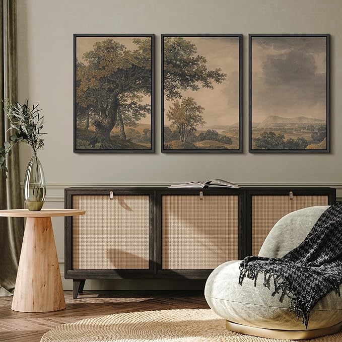 MUDECOR Framed Wall Art Print Set Vintage Landscape Rustic Tree and Mountain View Illustrations Decorative Colorful for Living Room, Bedroom, Office - 16"x24"x3 Black