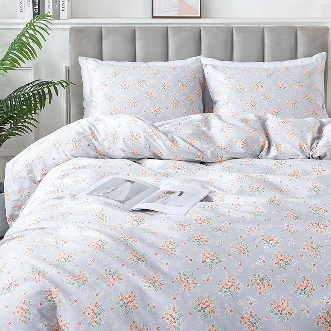 HoneiLife Wildflower Duvet Cover Queen - 100% Cotton Comforter Cover Sets, 3-PC Floral Duvet Cover Sets, Botanical Bedlinen Set with Zipper Closure & Corner Ties