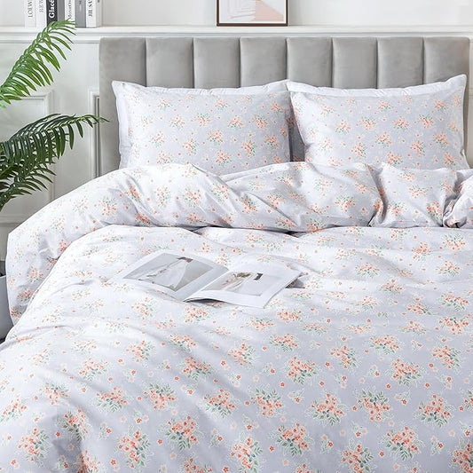 HoneiLife Wildflower Duvet Cover Queen - 100% Cotton Comforter Cover Sets, 3-PC Floral Duvet Cover Sets, Botanical Bedlinen Set with Zipper Closure & Corner Ties