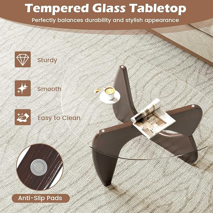 Tangkula Triangle Glass Coffee Table, Mid-Century Modern Center Table with Tempered Glass Top & Adjustable Rubber Wood Base, Small Coffee Table for Small Spaces, Living Room & Reception Room (Walnut)