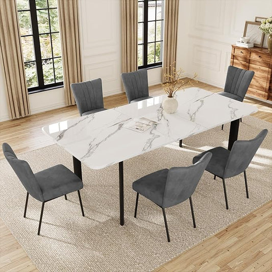 Extendable Dining Table Set for 6-8 People, 63 to 78.7 Inch MDF Kitchen Table with 6 Dining Fabric Chairs, Space-Saving for Dining Room, Breakfast Nook (White Table & 6 Grey Fabric Chairs)