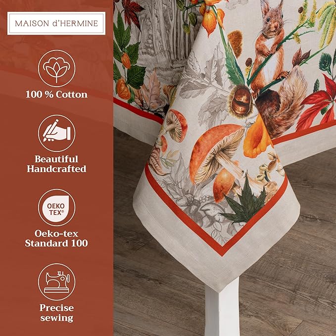 Maison d' Hermine Table Cloth Square Table 100% Cotton 54 x 54 Inches Fall Tablecloth Reusable Everyday Use for Thanksgiving Christmas Decorations Dining Farmhouse Party (Recolte)