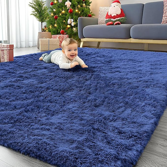 OLANLY 7x12 Machine Washable Large Area Rugs for Living Room, Bedroom, Soft Fluffy Shaggy Bedside Rug, Indoor Floor Carpet for Kids Girls and Boys, Dorms, Nursery, Home Decor Aesthetic, Navy Blue