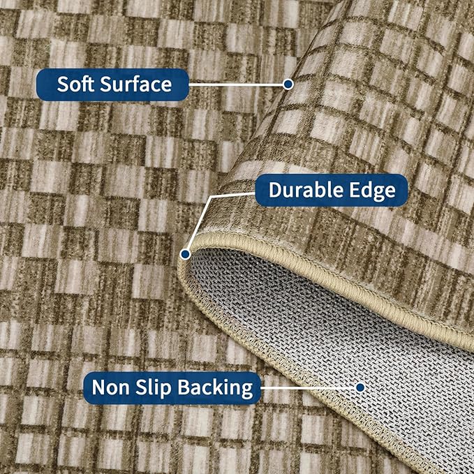 Washable Rugs 9 x 12 Rug for Living Room Modern Bedroom Rug Contemporary Large Area Rug Non Slip Throw Rugs Checkered Farmhosue Stain Resistant Carpet for Office Dining Room 9'x12' Brown
