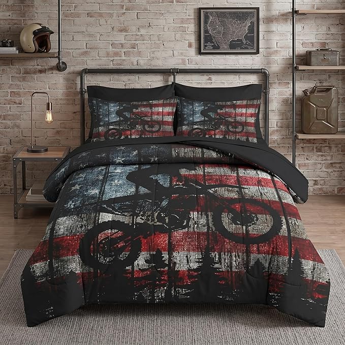 WeCozy 7 Pcs Queen Size Comforter Set with 2 Pillowcases & 2 Shams, American Flag Wood Vintage Motocross Bedding for Kids and Adults, Motorcycle Bed in a Bag with Flat Fitted Sheet