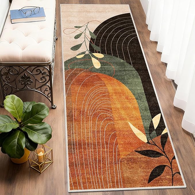 MUJOO Washable 2x6 Runner Rugs for Kitchen Hallway Bedside Bathroom Laundry Room Bedroom Floor,Boho Long Area Rug Non Slip Carpet Throw Rug Mid Century Modern Abstract Botanical Geometric Terracotta