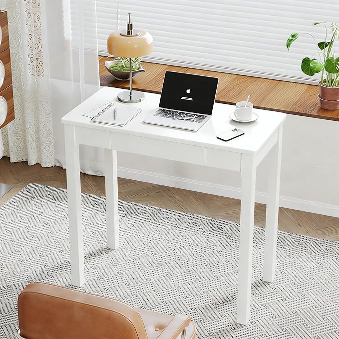Solid Wooden Desk with Drawers - 32 x 16 Inch Narrow Desks for Small Spaces, Rubberwood Simple Study Table, Small Writing Desk for Bedroom - Modern White Desks