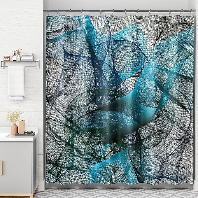 AmazerBath Shower Curtain Blue, Abstract Black Striped Cloth Shower Curtain Sets with 12 Shower Curtain Hooks, Luxury Rustic Fabric Washable Shower Curtain for Bathroom Home Decor, 72x72 Inches