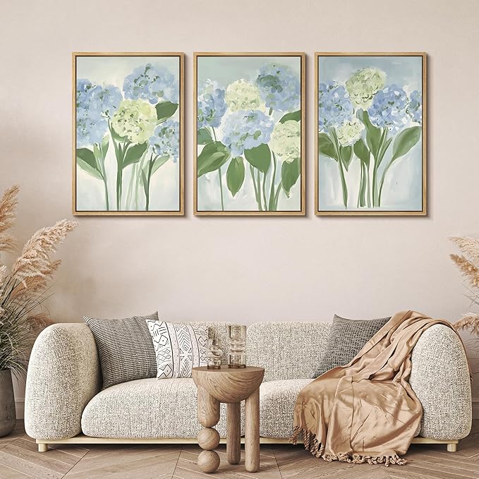 MUDECOR Framed Wall Art Print Set Blue Hydrangea Floral Botanical with Green Leaves Illustrations Modern Art Boho Decorative Colorful Chic for Living Room, Bedroom, Office - 16"x24"x3 Natural