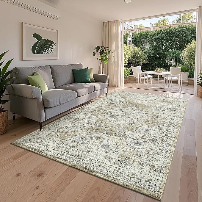 Washable Boho Vintage Lager Area Rugs 10x13 for Living Room Non-Slip Distressed Large Rugs for Bedroom Dining Room Nursery Neutral Oriental Throw Thin Foldable Carpet Vintage Carpet, Brown Yellow