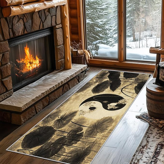 Yin Yang Lotus Leaf Runner Rug 4x10, Asian Yoga Design, Zen Spiritual Meditation Area Rug, Washable Non-Slip Floor Carpet Runner for Bedroom, Dining Room, Living Room Aisle