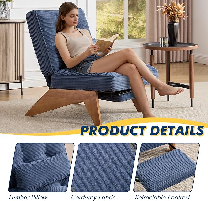 Accent Chair with Ottoman Adjustable Backrest, Stripe Living Room Chair Indoor Lounge Chair with Build-in Footrest Set, Modern Chair Cozy Reclining Chair for Reading Room, Navy