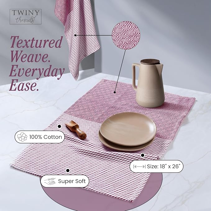 TWINY threads Kitchen Towel Diamond Pattern, Premium Kitchen Linen Set, 100% Cotton Wash Rags, Absorbent Quick Drying Cloths, Washable Reusable Multi Purpose, Set of 4, 18x26 Inches, Burgundy Wine